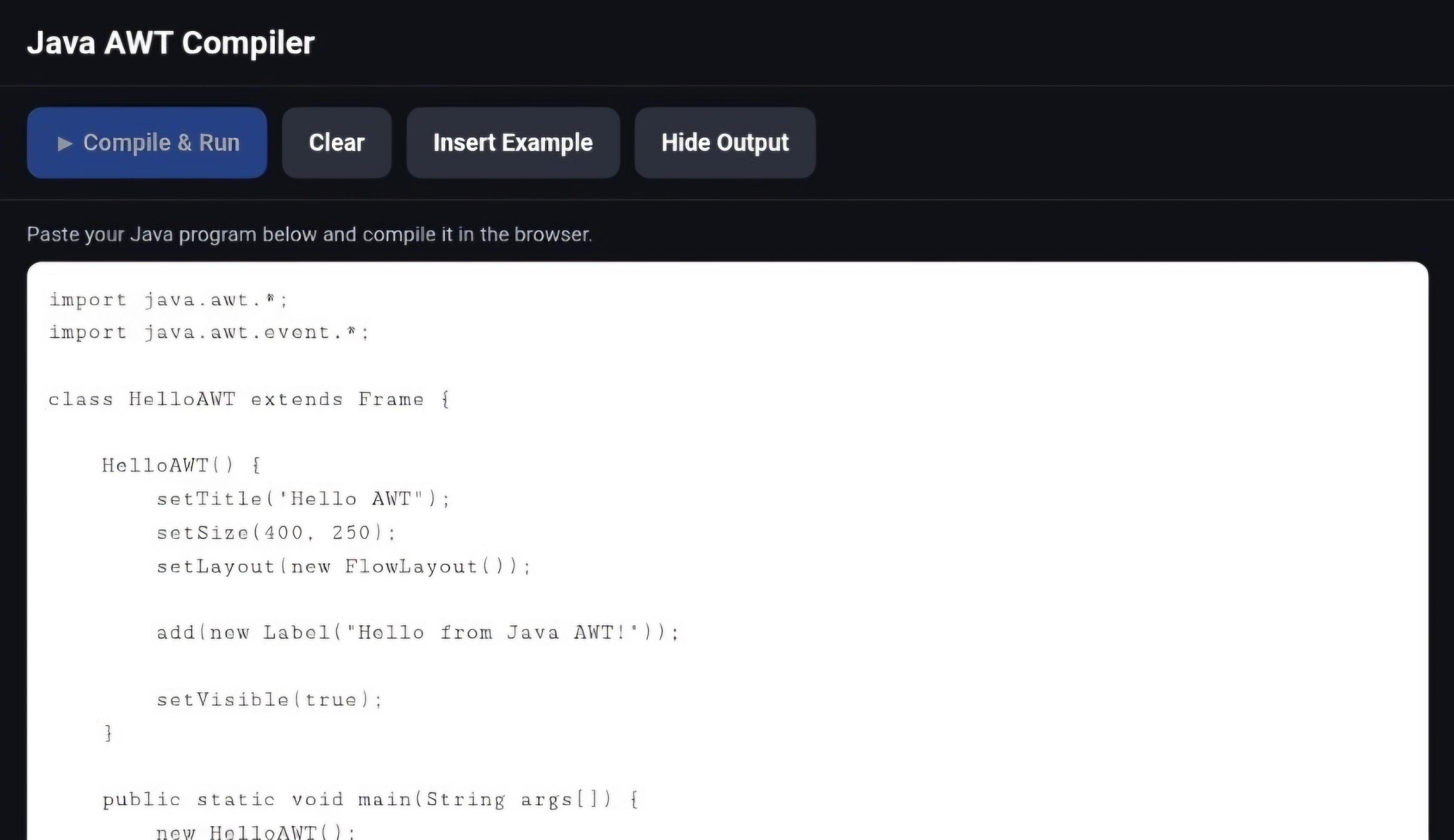Java AWT Compiler running in a browser