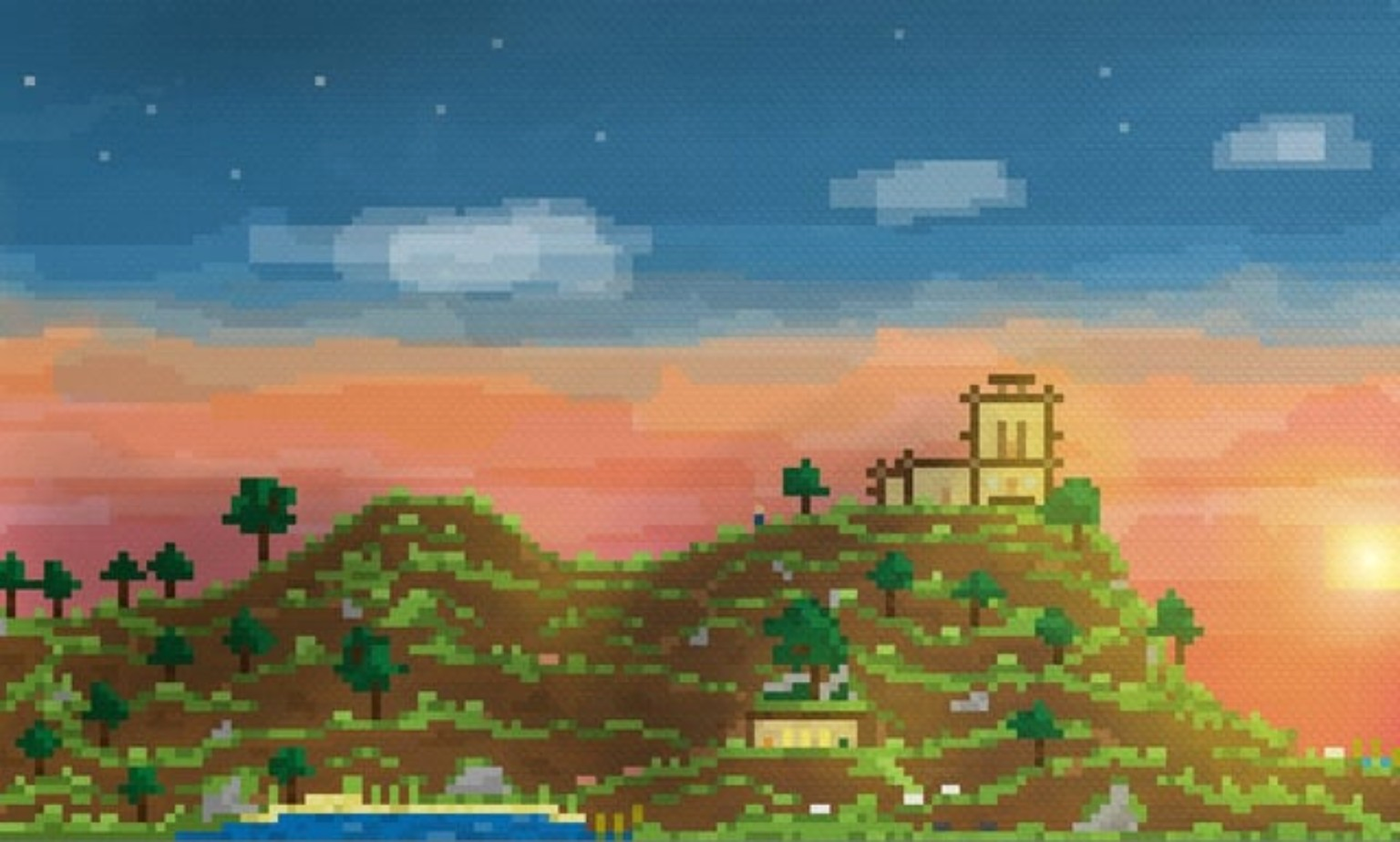 Pixel-art landscape with a small settlement at sunset